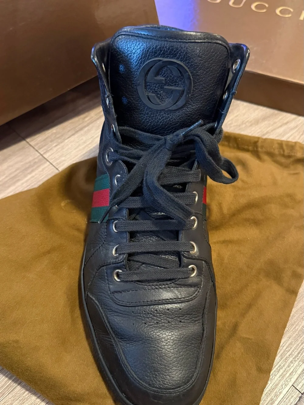 Gucci Men’s Black Leather High-Top Sneaker with Green and Red Web